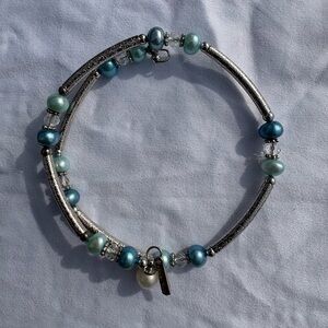 Blue Pearl Beaded Silver Tone Bracelet